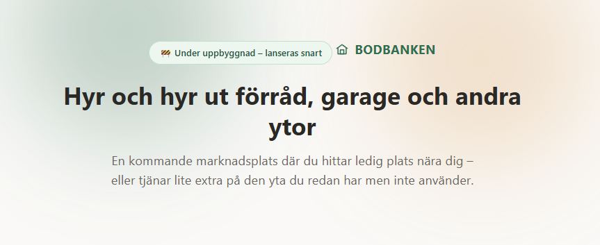 Skärmdump av Bodbanken – marknadsplats för att hyra ut och hyra förråd, garage och andra ytor