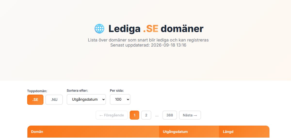 Skärmdump av Lediga domäner – lista över utgående .se och .nu domäner