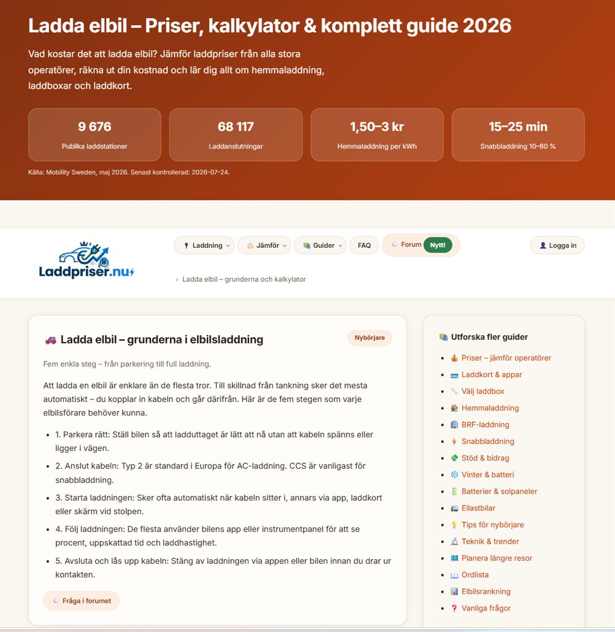 Skärmdump av Laddpriser.nu – jämför elpriser för laddning av elbil