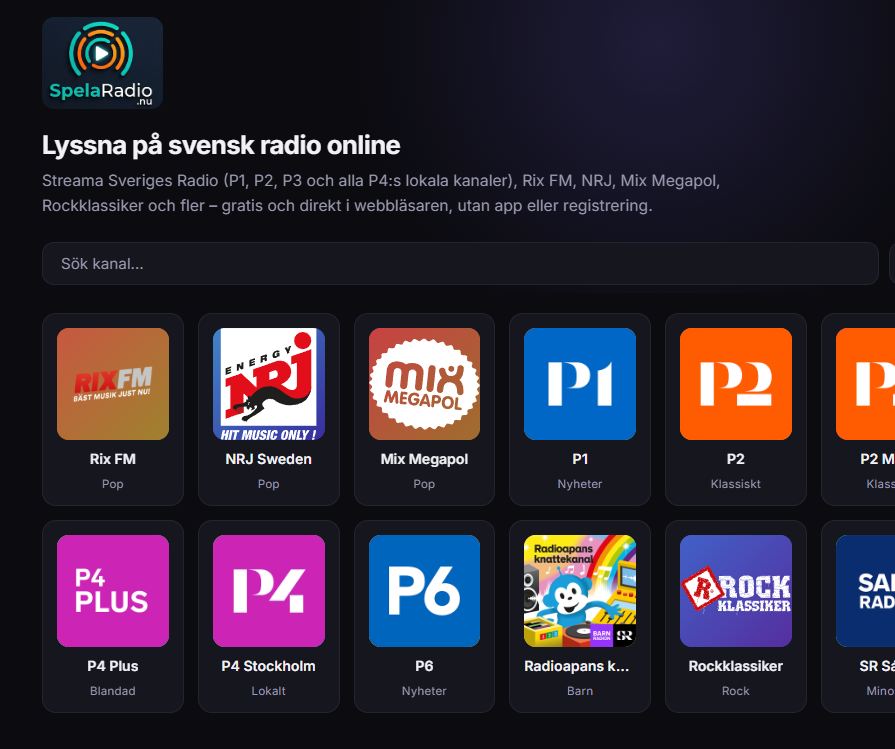 Skärmdump av Spelaradio.nu – lyssna på svensk radio online